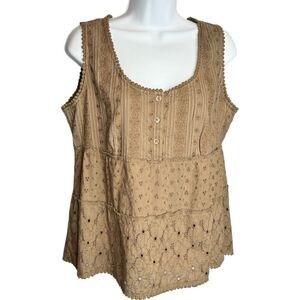 Prana Blouse Women's Medium Brown Trimmed with Lace Open Eyelet Bottom Blouse